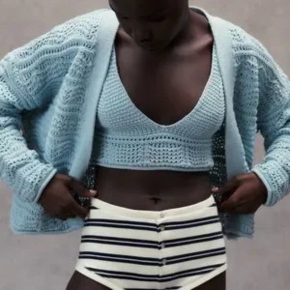 ZARA 2 Pieces Knit Jacket And Matching Cropped Top Blue M - Picture 10 of 10
